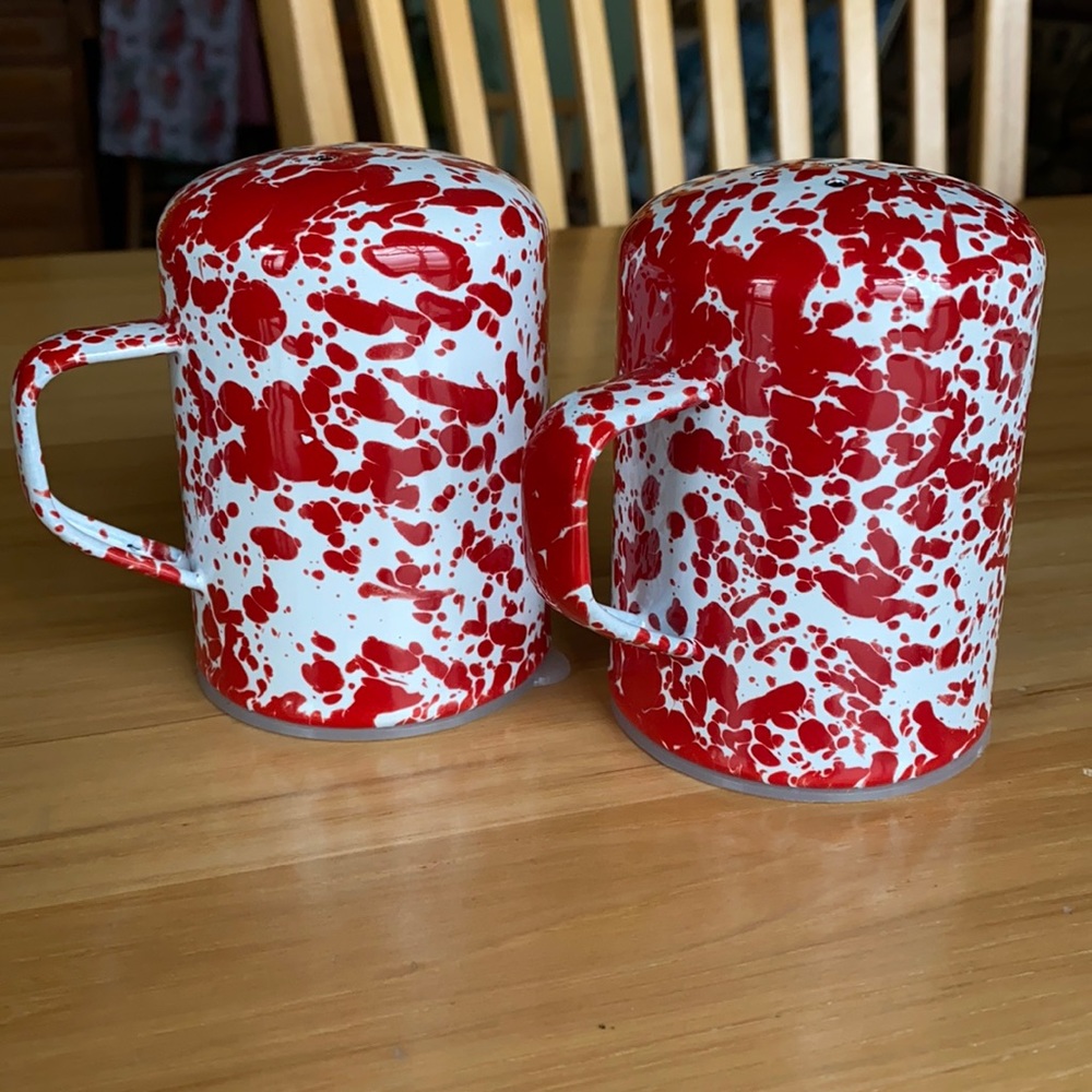 Red and white enamelware salt and pepper shakers